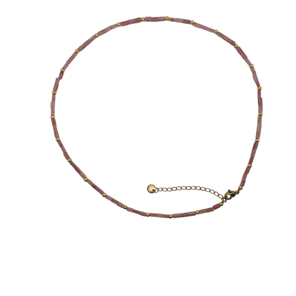 Zibazi-rhodonit-rosa-perlen-edelstahl-vergoldet-halskette-gesamtansicht-flach-liegend
